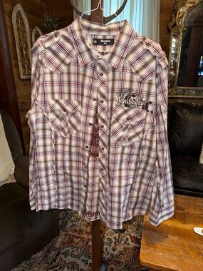 Men’s Plaid Button-Down Shirt in White & Red